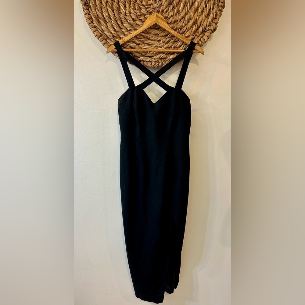 Vintage Kamisato Linen Blend Strappy Black Dress Size 8